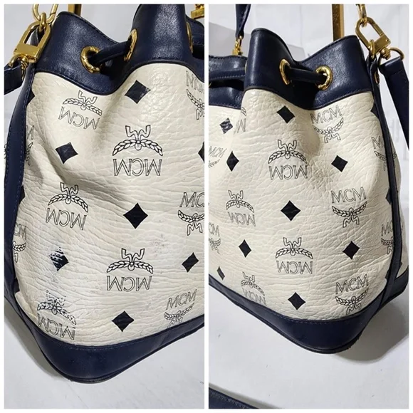 Authentic MCM 2way Visetos Small Drawstring Shoulder Bag White/Navy Blue - Picture 6 of 16